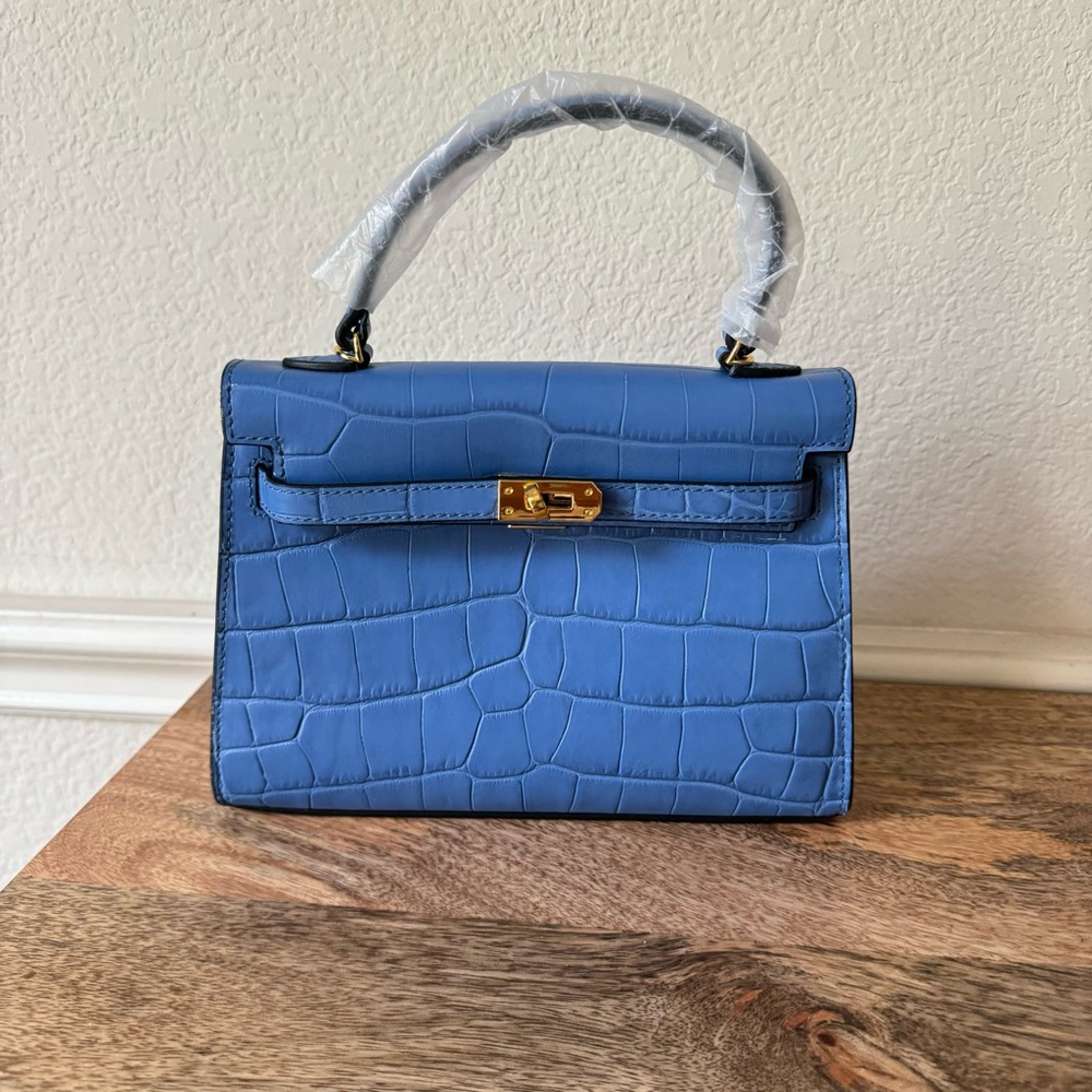 Blue Croc Embossed Mini 22CM Kelly Crossbody Satchel Bag w/ Gold Hardware